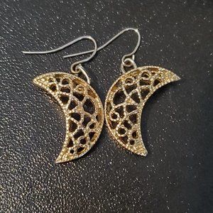 Gold Tone Open Works Earrings Crescent Moon Silver